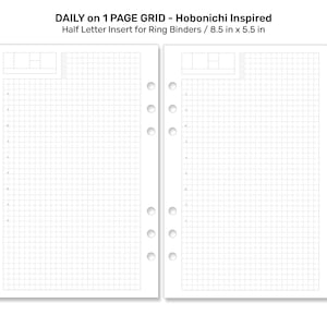 Inserção para impressão de recarga de planejador de meia carta - Layout inspirado em HOBONCHI - Visualização diária GRADE minimalista