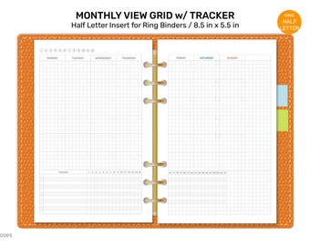 Half Letter Monthly Planner Insert | Ring Binder Printable | Mo2P with Tracker Grid | Monday or Sunday Start HL018