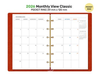 2026 MAANDELIJKSE planner POCKET ringband afdrukbare inlegvel - maand op 2 pagina's, Mo2P minimalistisch DFPT001-2026
