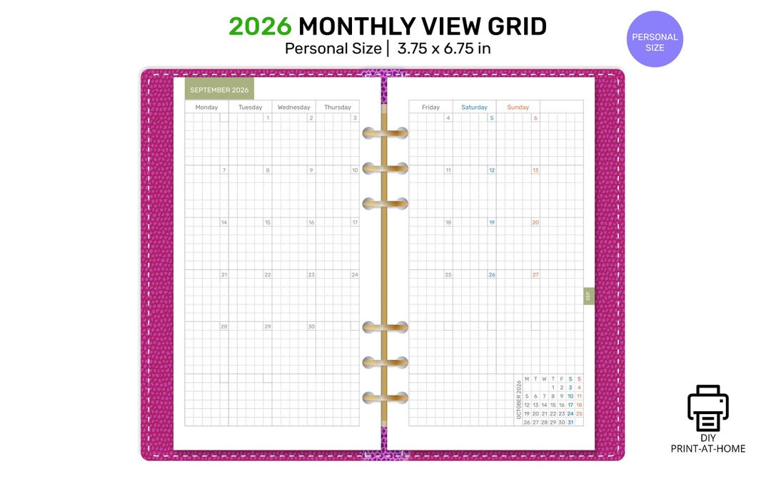 2026 MONTHLY Planner PERSONAL Size Insert Printable Minimalist GRID ...