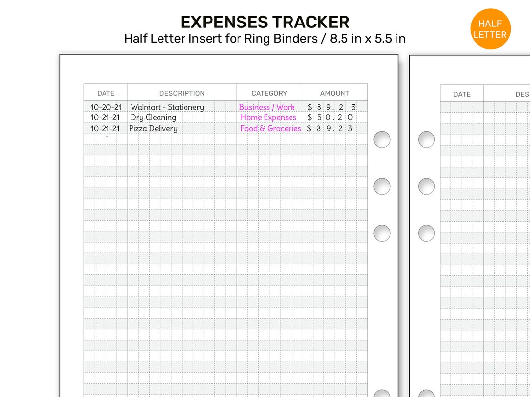 HALF LETTER Expense Tracker GRID Printable Planner Insert for Ring ...