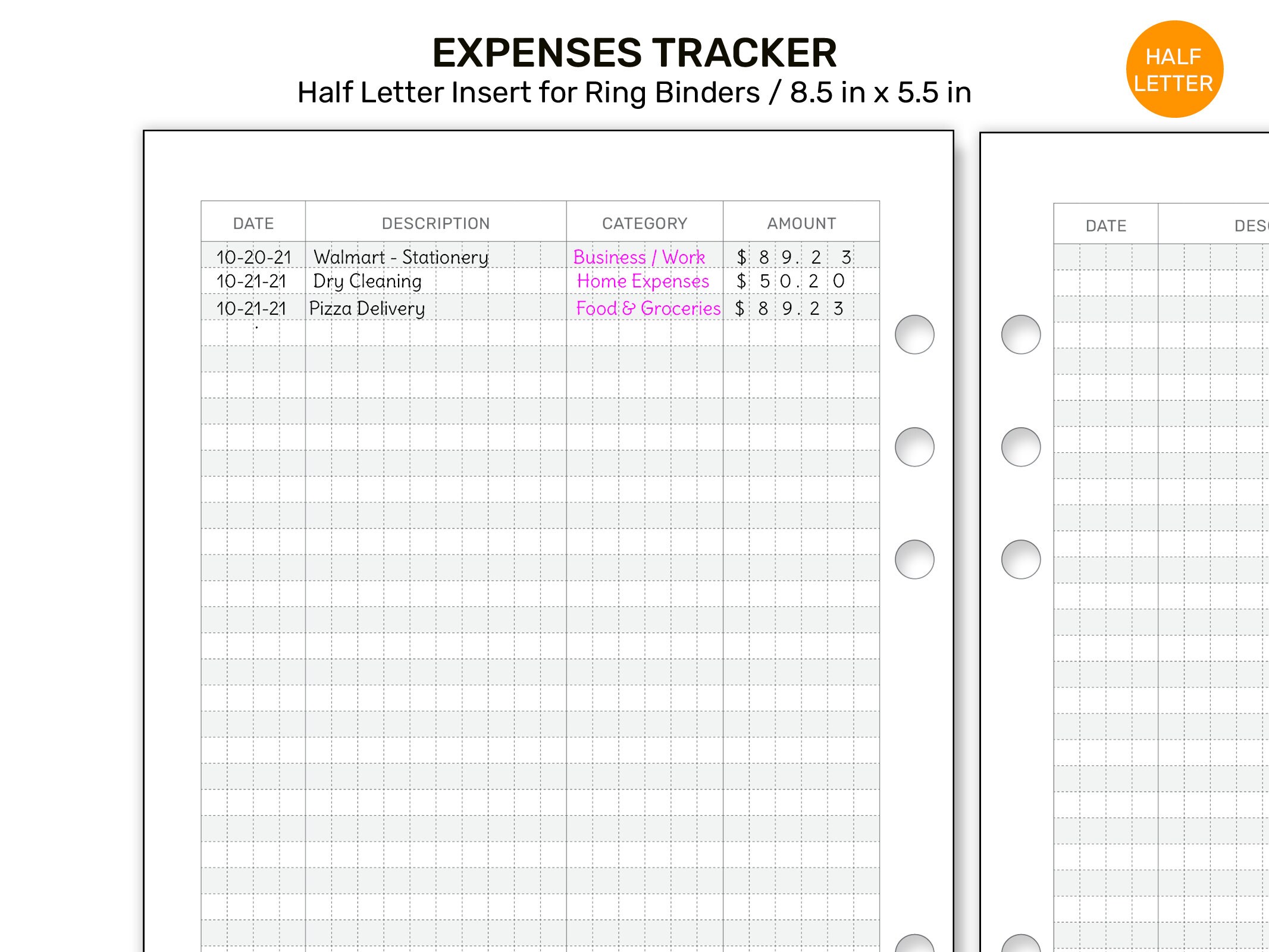 HALF LETTER Expense Tracker GRID Printable Planner Insert for Ring ...