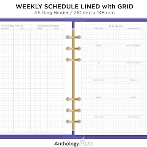 Peut inclure: Un planificateur hebdomadaire avec une liste de courses sur le côté droit. Le planificateur a une disposition en grille avec des espaces pour chaque jour de la semaine et les heures des repas. La liste de courses est divisée en catégories telles que les produits frais, la viande/poisson, les produits surgelés et les produits laitiers et les œufs. Le planificateur est de format A5 et est conçu pour un classeur à anneaux.