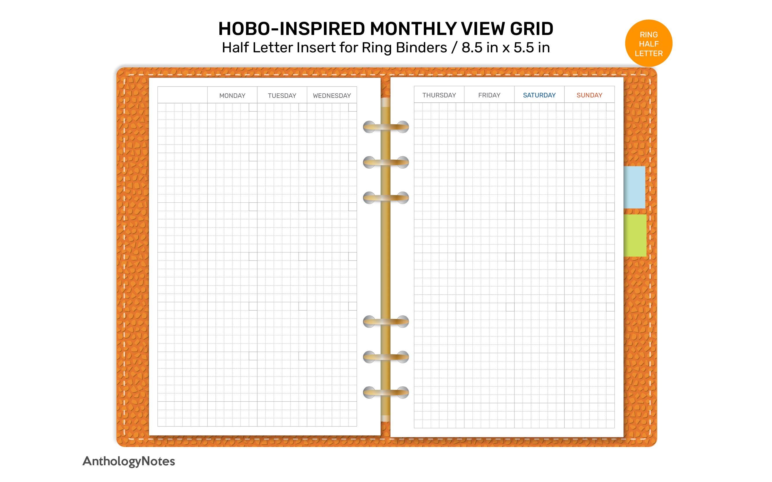 Half Letter Monthly View Ring Printable UNDATED Planner GRID Mo2p ...