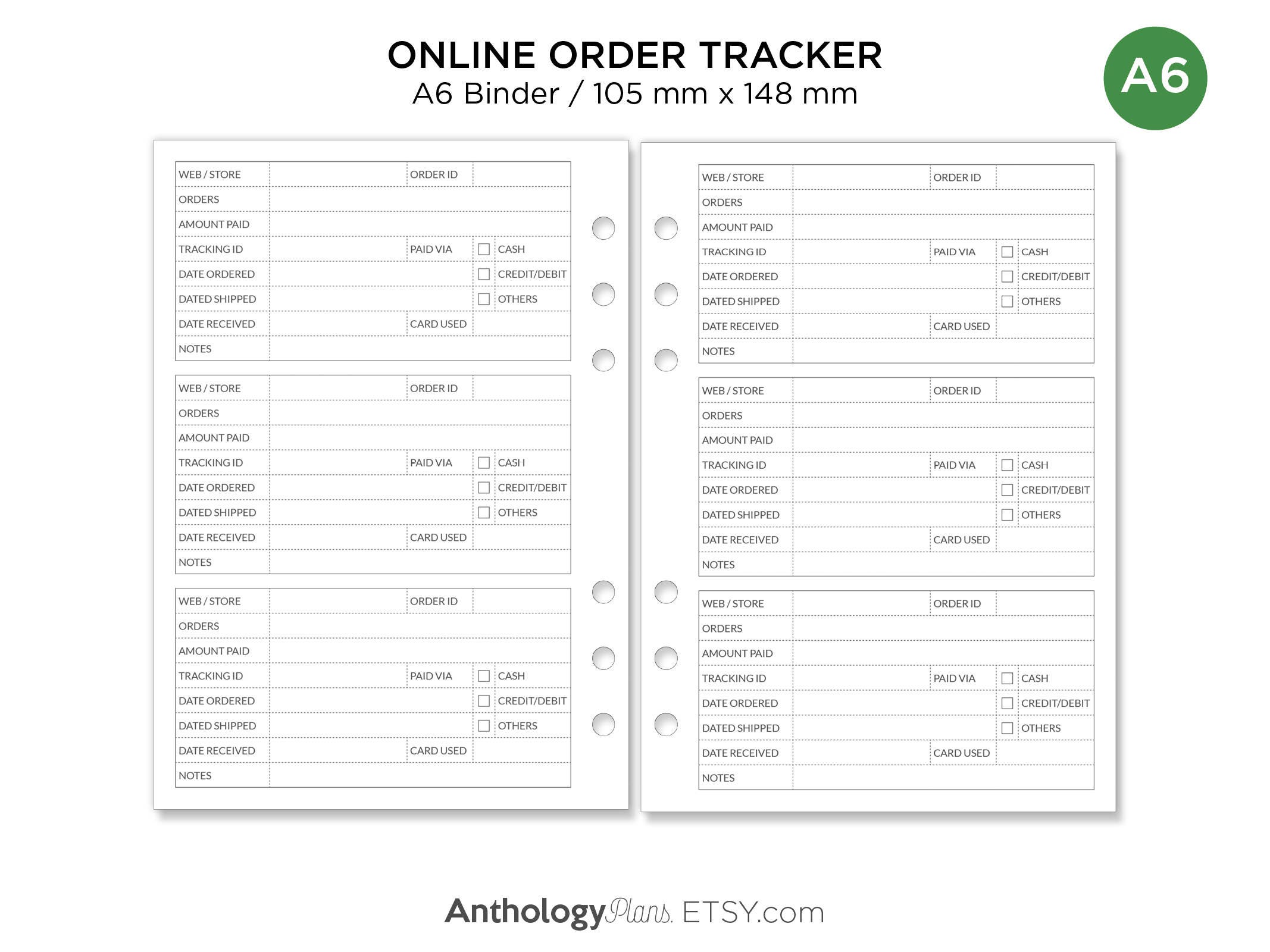 A6 Online Order Tracker - Ring Binder - Printable Refill Insert ...