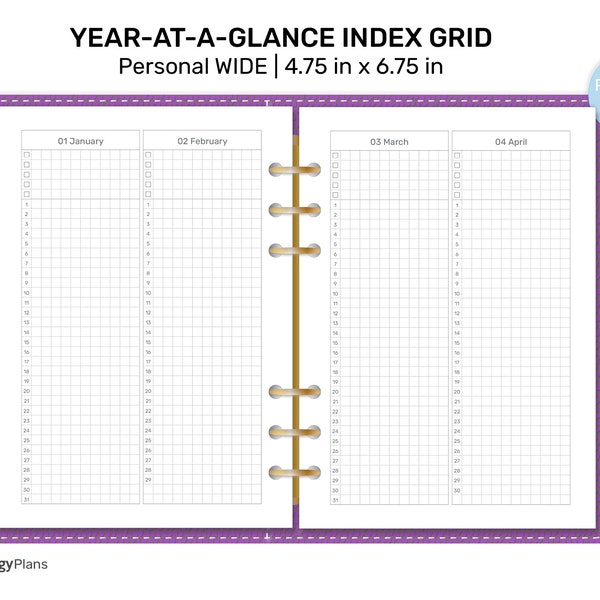 PERSONAL WIDE Year At A Glance Hobo Inspired Monthly Index - PW006 | Minimalist Functional Printable Planner Insert for Ring or Discbound