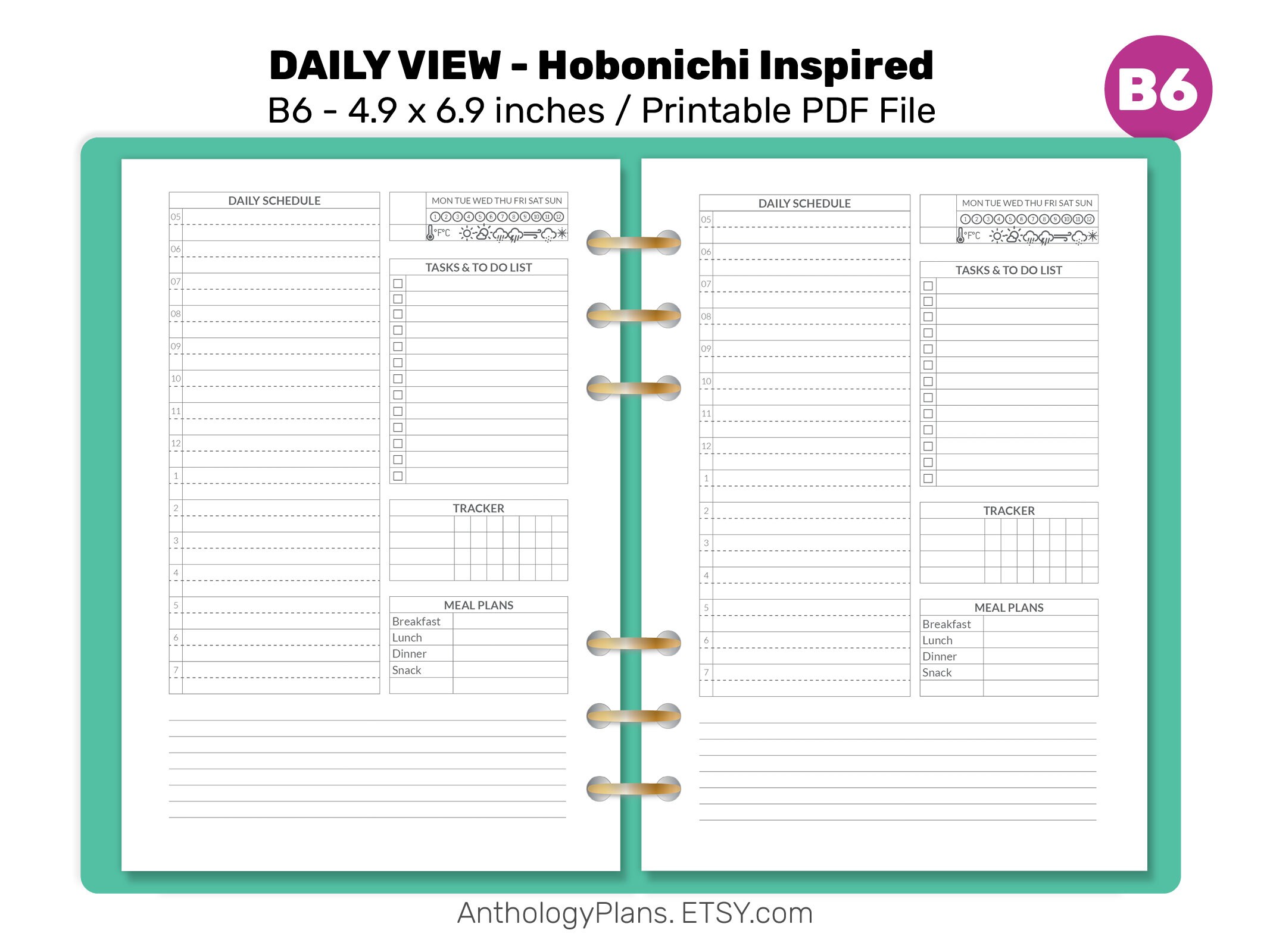 B6 Daily Schedule Printable Ring Planner Insert With Tasks, Meal Plan