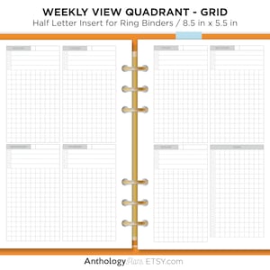 Half Letter Weekly Vertical Quadrant Grid Based Printable Planner Insert Minimalist Functional