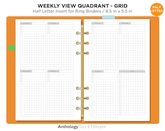 Halve letter wekelijkse verticale kwadrant rastergebaseerde afdrukbare planner invoegen minimalistisch functioneel