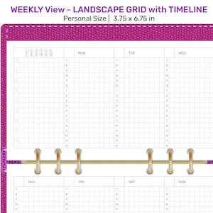 May include: A weekly planner with a landscape grid layout and a timeline. The planner is designed for personal use and measures 3.75 by 6.75 inches. The planner has a pink leather cover and gold rings.