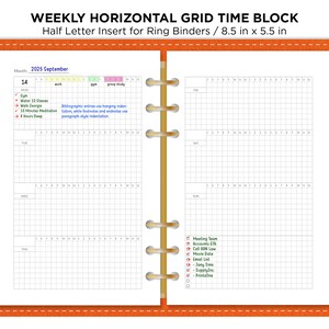 CUADRÍCULA SEMANAL de media letra con inserto de planificador de anillos imprimible por bloque de tiempo HORIZONTAL