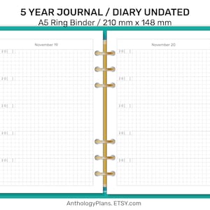 A5 5 YEAR Planner Journal Undated - A Line A Day - GRID Format for Memory Keeping Printable Ring Planner Insert