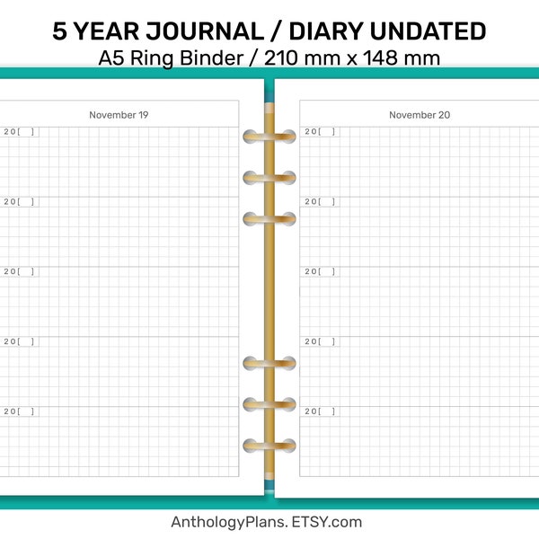 A5 5 YEAR Planner Journal Undated - A Line A Day - GRID Format for Memory Keeping Printable Ring Planner Insert