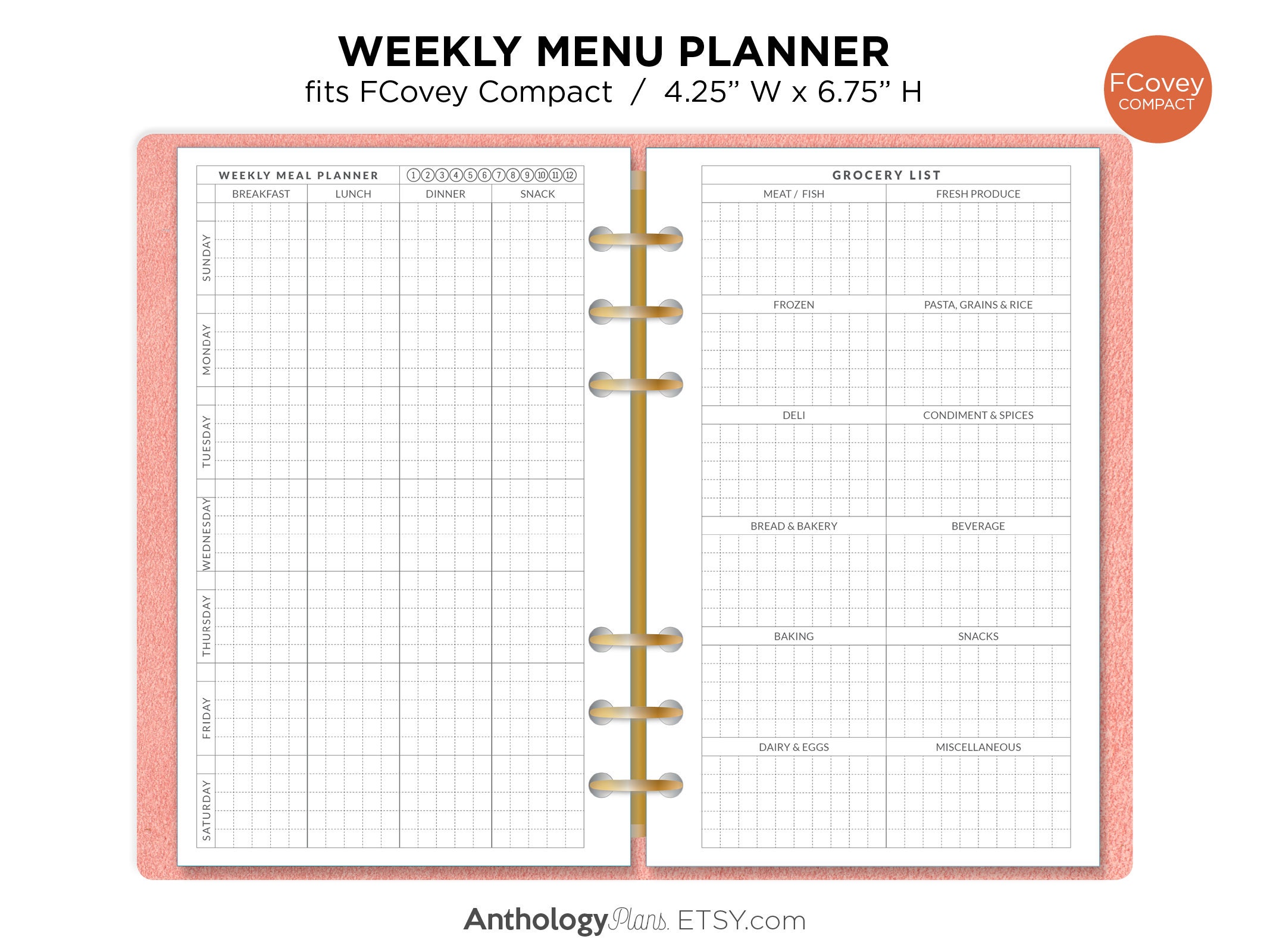 Weekly MEAL Planner With Grocery List GRID Format FC Compact Ring ...