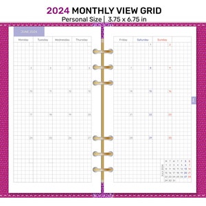 Personal Size 2024 MONTHLY View Grid Printable Planner Insert Minimalist Functional