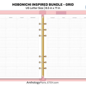 May include: A blank grid planner page in a pink binder with a gold coil binding. The page is divided into seven columns for each day of the week, with the days labeled at the top. The page is 8.5 inches by 11 inches and is labeled "US Letter Size".