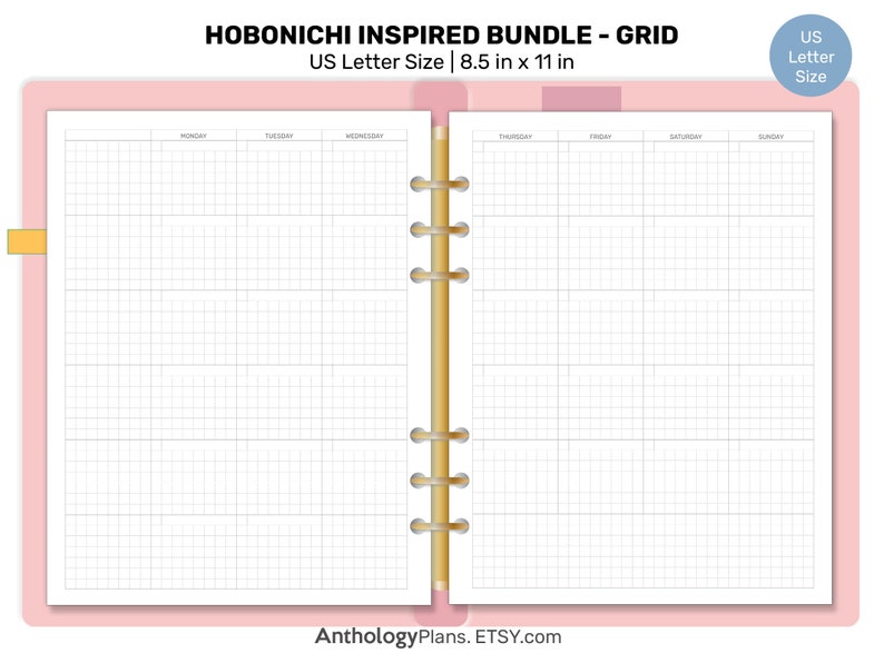 May include: A blank grid planner page in a pink binder with a gold coil binding. The page is divided into seven columns for each day of the week, with the days labeled at the top. The page is 8.5 inches by 11 inches and is labeled "US Letter Size".