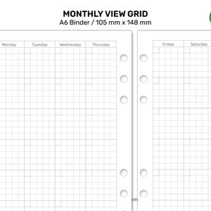 A6 Monthly View GRID Mo2p Printable Planner for Ring Binder Minimalist ...