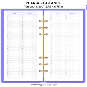 May include: A year-at-a-glance planner in personal size, measuring 3.75 by 6.75 inches. The planner has a purple cover and is divided into four sections: May, June, July, and August. Each section has a grid with numbered days of the month.