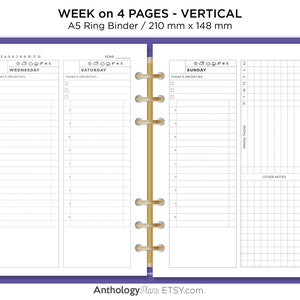 May include: A printable A5 planner with a vertical weekly layout. The planner is designed for a ring binder and measures 210 mm by 148 mm. The planner includes sections for Wednesday, Saturday, Sunday, a weekly tracker, and other notes.