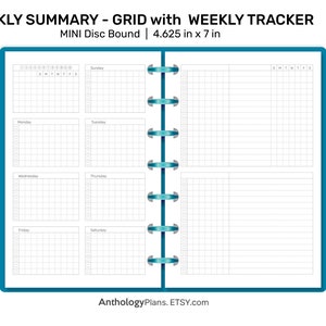 Puede incluir: Un planificador semanal con un diseño de cuadrícula para tareas diarias y una sección separada para el seguimiento semanal. El planificador está diseñado para un sistema de encuadernación de disco mini y mide 11,75 cm por 17,78 cm.