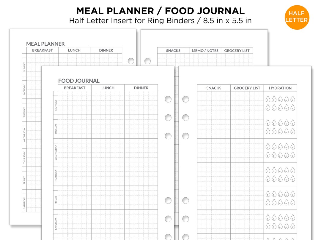 HALF LETTER Meal Planner or Food Log Journal Printable Planner Insert ...