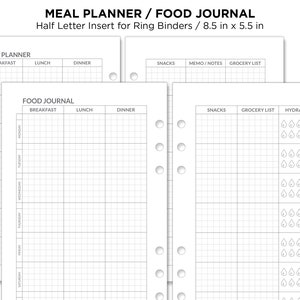 Planificador de comidas de MEDIA LETRA o Diario de registro de alimentos Planificador imprimible Insertar GRID minimalista