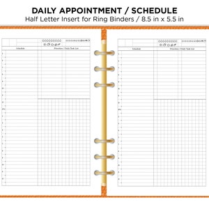 May include: A daily appointment and schedule planner with a half letter size insert for ring binders. The planner is 8.5 inches by 5.5 inches and has a brown leather cover. The pages are white and have a grid pattern.