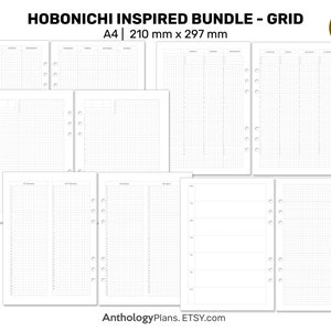 May include: A set of printable A4 grid paper planner pages, inspired by Hobonichi planners. The pages are designed for use with a disc bound planner system. The pages are 210 mm x 297 mm.