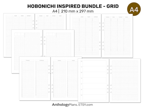 A4 Size  Fauxbonichi Hobo Inspired Bundle Grid Printable Planner - Daily, Weekly, Monthly, Year-at-a-Glance