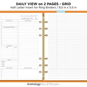 Media carta diaria en 2 páginas Inserto de recarga imprimible Do2P con notas GRID Planificación minimalista y funcional