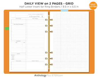 Half Letter Daily on 2 Pages Printable Refill Insert Do2P with GRID notes Minimalist & Functional Planning