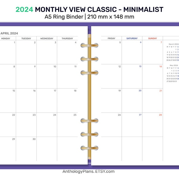 2024 A5 Monthly View Classic MONDAY Start Printable Planner Insert Minimalist