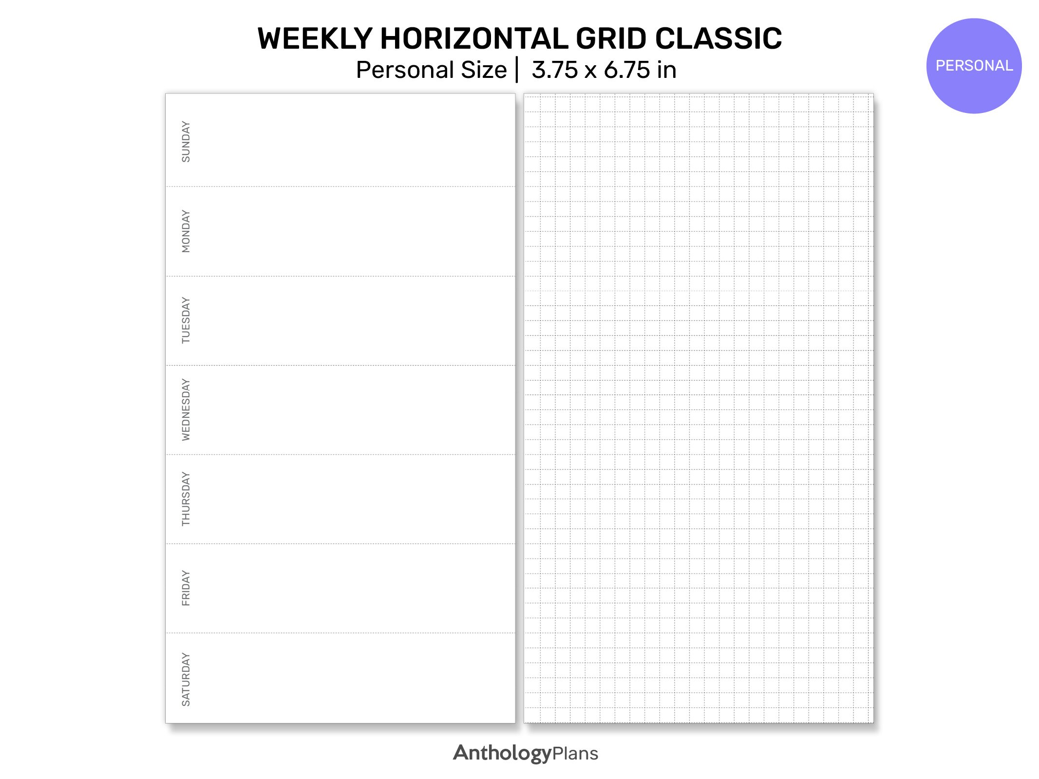 Personal Weekly HORIZONTAL Grid Classic GRID Printable Planner Insert ...