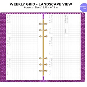 May include: A purple weekly planner with a grid layout and a gold coil binding. The planner is 3.75 inches by 6.75 inches and has a landscape orientation. The days of the week are labeled at the top of each column.