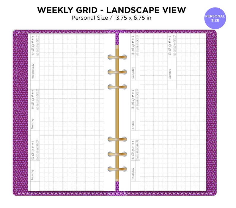May include: A purple weekly planner with a grid layout and a gold coil binding. The planner is 3.75 inches by 6.75 inches and has a landscape orientation. The days of the week are labeled at the top of each column.