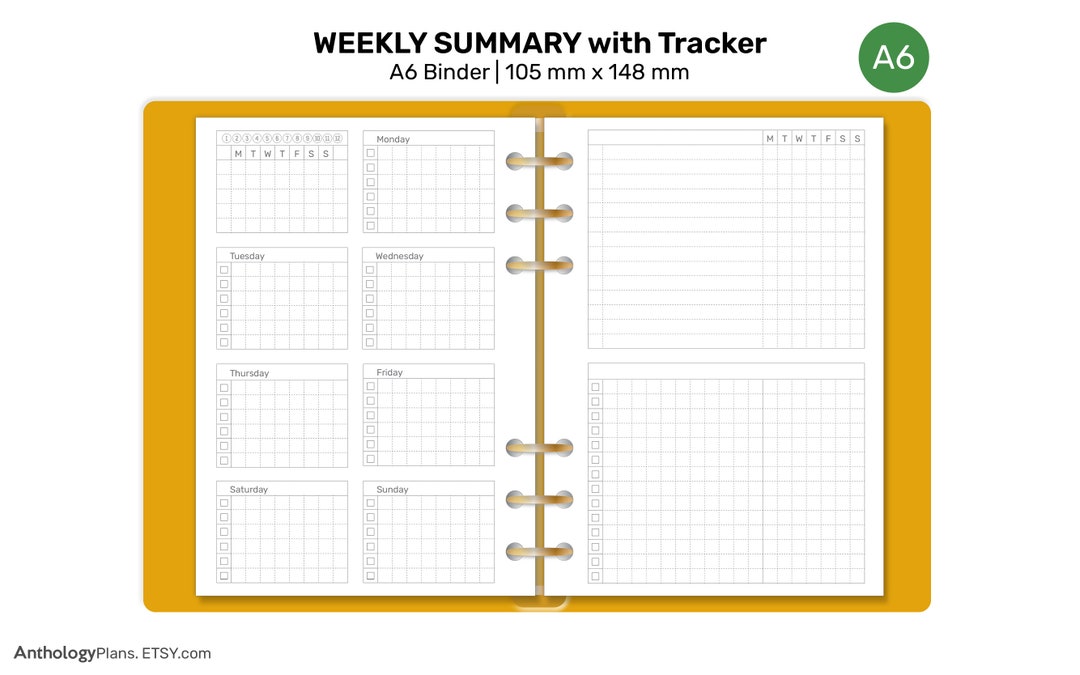 A6 Weekly Summary Ring Planner Insert Undated Printable Planner Insert ...
