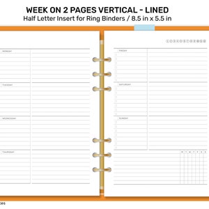 Half Letter WEEKLY HORIZONTAL Lined with Daily Task and Weekly Tracker Printable Insert for Ring or Discbound Planner HL22-014