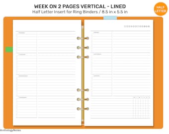 Demi-lettre HEBDOMADAIRE HORIZONTAL bordée de tâches quotidiennes et de suivi hebdomadaire Insert imprimable pour anneau ou Discbound Planner HL22-014