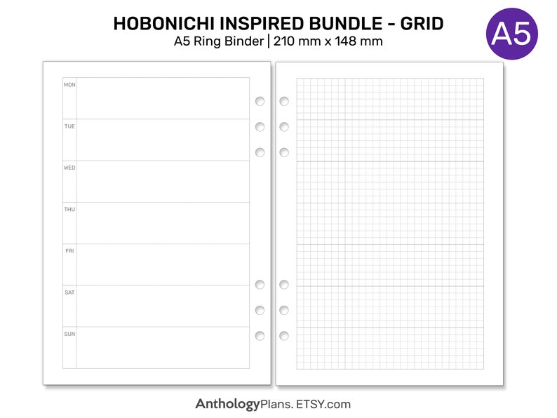 Może przedstawiać: Pakiet drukowanych stron planera w formacie A5 z tygodniowym układem po lewej stronie i siatką po prawej. Strona jest przeznaczona do użycia w segregatorze.