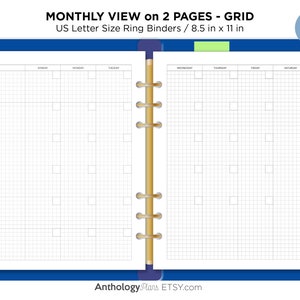 LETTER Size MONTHLY View GRID Undated Minimalist Function Printable Planner Insert