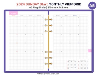 SUNDAY 2024 A5 Monthly View Ring GRID Printable Planner GRID Mo2P DFA5005S