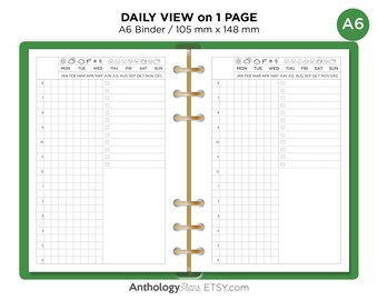 May include: A green A6 binder with a daily view on one page. The binder has a gold coil and is 105 mm by 148 mm. The page is divided into two columns, each with a daily planner layout. The planner includes a section for each day of the week, with space for notes and tasks.