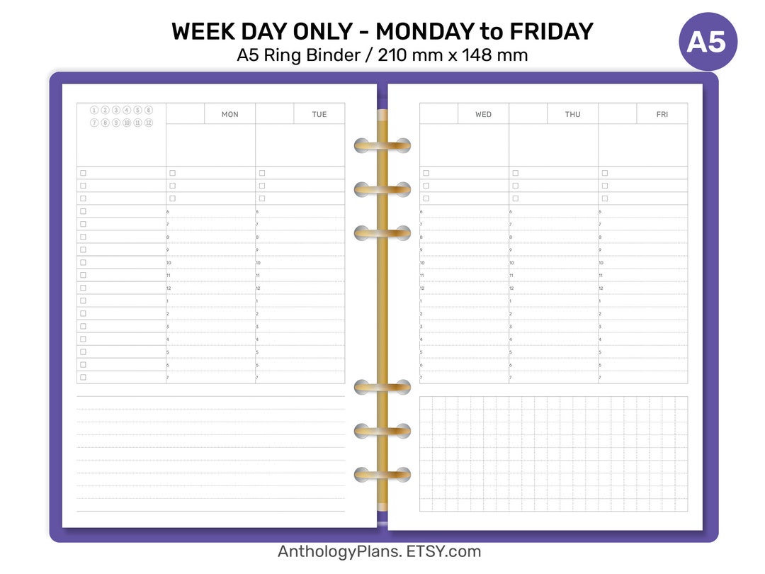 A5 Weekdays ONLY Weekly Work or School Printable Planner Insert Lined ...