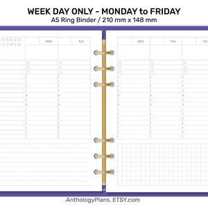 May include: A purple A5 ring binder with a weekly planner layout for Monday through Friday. The planner has a gridded section at the bottom of the page.