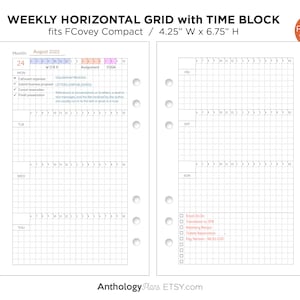May include: A weekly horizontal grid planner with time blocks for August 2022. The planner is designed for the FCovey Compact size, measuring 4.25 inches wide by 6.75 inches high. The planner has a grid layout with time blocks for each hour of the day, from 7:00 AM to 9:00 PM. The planner also includes a section for notes and a section for to-do lists.