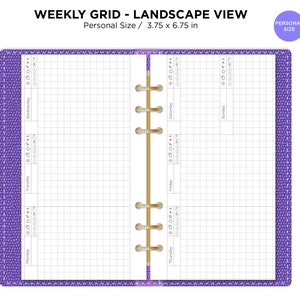 May include: A purple leather-bound weekly planner with a gold coil binding. The planner is designed for personal use and measures 3.75 inches by 6.75 inches. The planner has a grid layout with space for each day of the week.