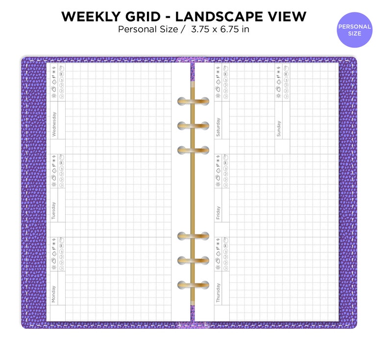 May include: A purple leather-bound weekly planner with a gold coil binding. The planner is designed for personal use and measures 3.75 inches by 6.75 inches. The planner has a grid layout with space for each day of the week.