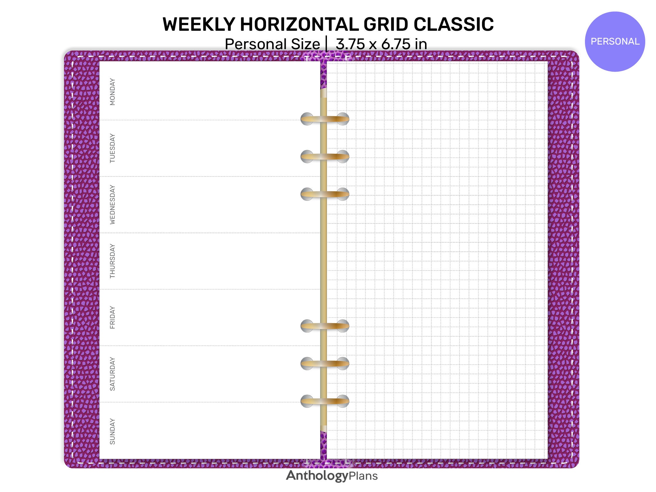 Personal Weekly HORIZONTAL Grid Classic GRID Printable Planner Insert ...