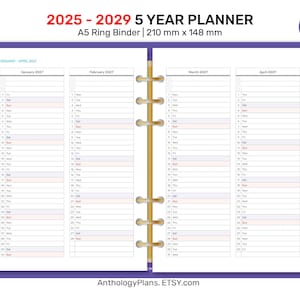 2025 - 2029 5年未来ログインデックスA5印刷可能プランナーリングバインダー用インサート、ミニマリスト、未来ログ